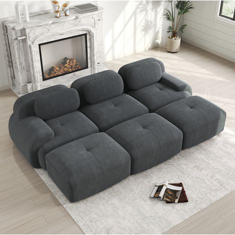 Modulares Ecksofa 298x178x75 cm grau aus Cordstoff rahmenlos mit 3 Hockern (1/5)