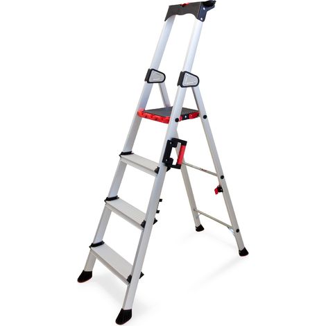 KELI - Échelle Pliable 4 Marches, Escabeau, Marchepied, Aluminium Robuste, Qualité Professionnelle, Poignée de Transport, Porte Outils ABS Dépliable (1/5)