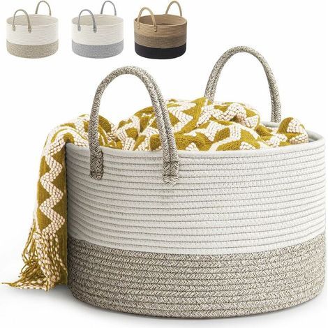 Corbeille à Linge en Coton Tissé D51 x H34 CM Panier de Rangement en Corde de Coton Pliage Grande, Capacité Corbeilles à Linge(Marron)