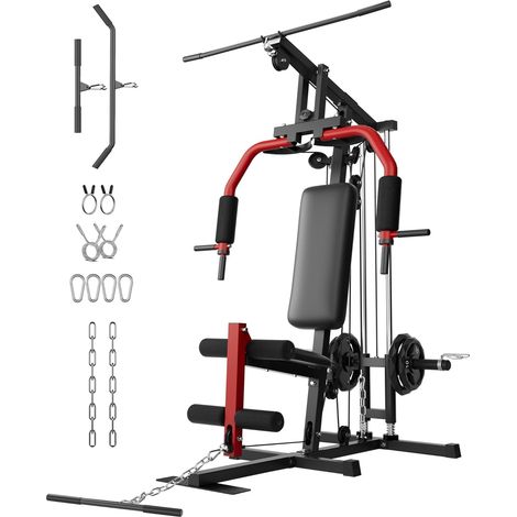 Station de musculation multifonction – Appareil tout-en-un pour la maison – Système de câble – Chargeur maximale 180 kg – Rougeur et noir (1/5)