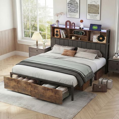 Lit Coffre 160x200cm avec Sommier LED et USB, Rangement et Tete de Lit, 2 Personnes, Double Capitonné, PU, Noyer (1/5)