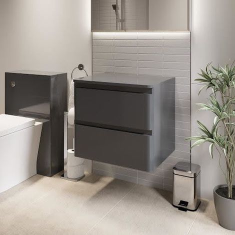 Bathroom Cloakroom Vanity Unit Wall Mounted Storage Cabinet Grey Gloss 600mm (1/5)