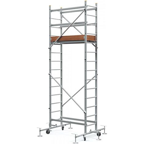 Matisère – Échafaudage roulant 5.00m – Embase télescopique 1.20m à 2.00m – Garde-corps et roues Ø 120mm – Pour chantiers humides et terrains accidentés