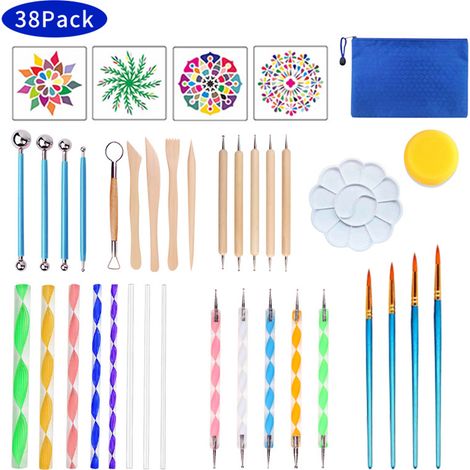 Ensemble de 38 outils pour peinture mandala à points, pochoir sur pierre, bâtonnets et palette en acier (1/3)