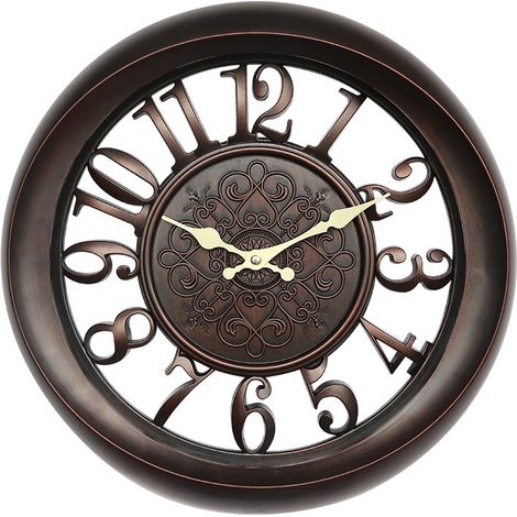 Retro-Wanduhr, 33 cm Durchmesser, braun, Vintage-Design, rund, Shabby Chic Küche, geräuschlos. (1/4)