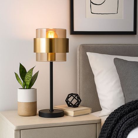 Lampe de table anneau de laiton Lampe de chevet verre clair Lampe de table noir rétro, métal, LED 7W 806Lm blanc chaud, DxH 18 x 47 cm (1/5)