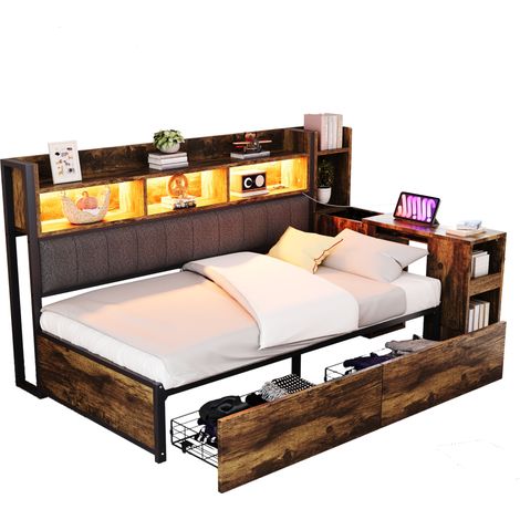 Bett aus Metall und Holz in Weiß/Holzfarbe 90x200 cm, mit Stauraum, Schubladen, ausziehbarem Schreibtisch und Steckdosen (1/5)