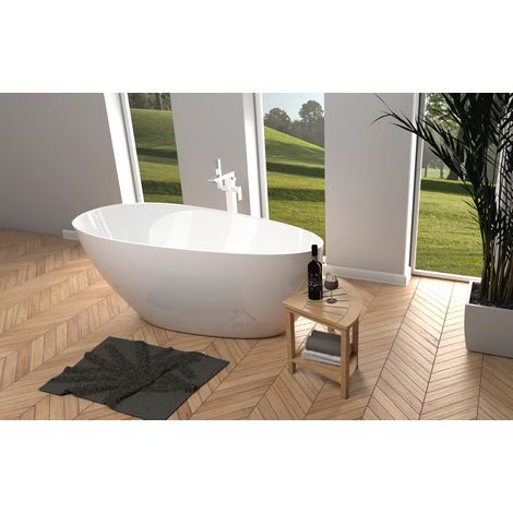 ECOLAM® exklusive freistehende Badewanne 160x70 cm Goya Mineralguss Standbadewanne moderne Wanne freistehend + Ecktisch Bambus Costa + Ablaufgarnitur Click Clack Design