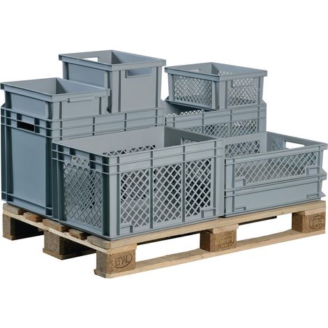 Conteneur de transport L600xB400xH220mm gris en PP, parois latérales percées pour passage