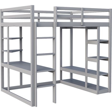 Lit mezzanine avec échelle en bois massif 140200 cm, avec table et étagères, avec simples crochets et tablette en stratifié, lits pour enfants et adolescents, lits doubles, gris (1/5)