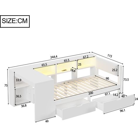 Lit plateforme en bois 90x200 avec rangements, tiroirs, station de charge, tête de lit capitonnée et LED colorées, blanc (1/5)
