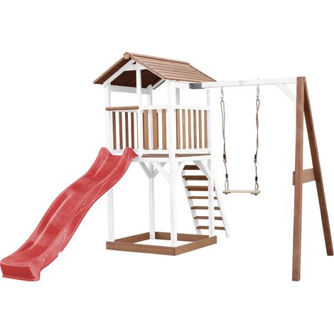 Axi Beach Tower Aire De Jeux Avec Toboggan En Rouge, Balançoire & Bac À Sable  Grande Maison Enfant Extérieur En Marron & Blanc  Cabane De Jeu En Bois Fsc