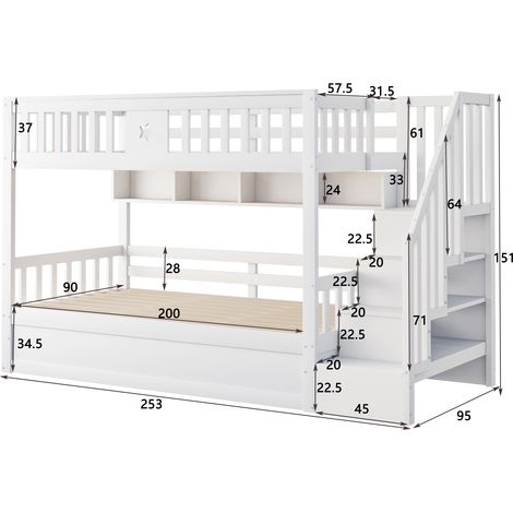 Lit en bois 90x200cm avec rangement hydraulique, escalier-coffre, étagères, mezzanine, lit superposé, blanc, pour adolescent (1/5)