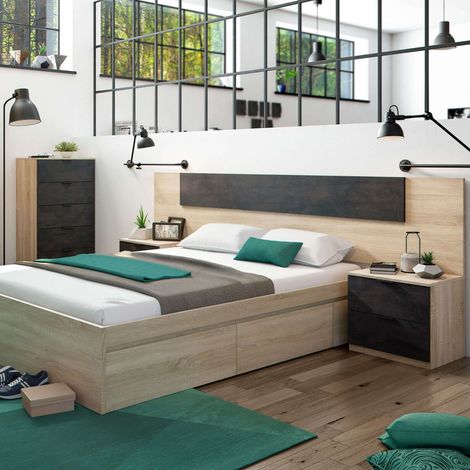 Pack de Dormitorio Andy Estilo Industrial en Color Roble Canadian y Óxido Cama + Cabecero con Mesitas + Cómoda