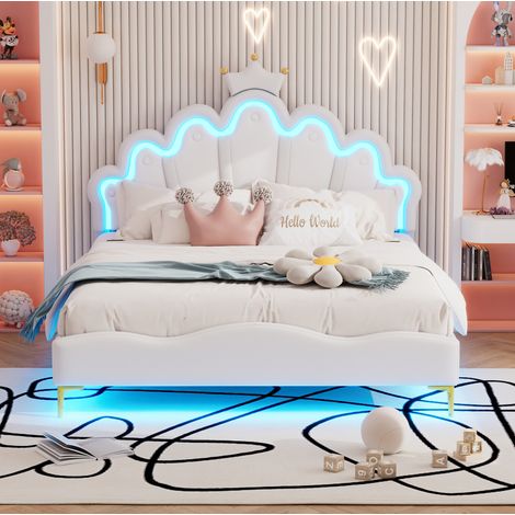 Bett aus PU-Kunstleder Weiß 140x200 cm mit LED-Beleuchtung, verstellbarer Höhe und Lattenrost (1/5)