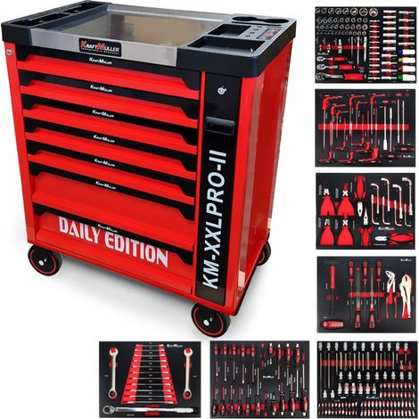 Servante d'atelier Kraft Muller KM-XXL PRO II Daily Edition 257 outils - Clé dynamo - 7 tiroirs outillés sur Roulettes, Chariot