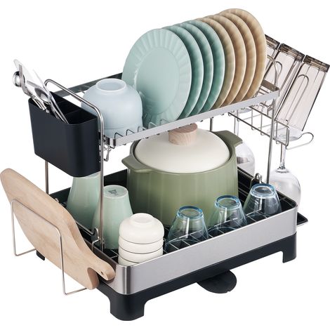 VEVOR Escurreplatos sobre Fregadero de 2 Niveles Escurridor de Platos de Acero Inoxidable y PP Estante de Secado de Platos 42x32x38,5cm con Bandeja de Escurrido Porta Utensilios Extraíble Caño de 360°