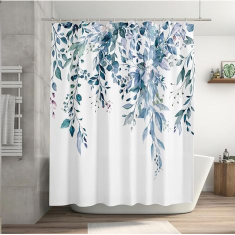 Rideau de douche à motif de feuilles d'eucalyptus bleues avec crochets, 180 x 180 cm, ourlet lesté, pour salle de bain (1/5)
