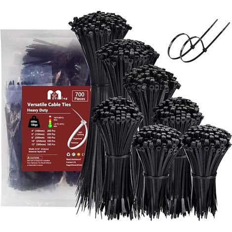 Lot de 700 colliers de serrage en nylon noir Rilsan, assortiment 100/150/200/250/300 mm x 3,6 mm, attaches de câble résistantes pour fixation et organisation (1/3)