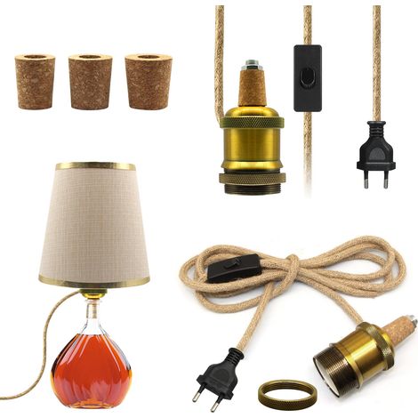 Adaptateurs pour Lampes Bouteille, 2 Pièces Douille Ampoule E27 en Laiton avec 2.4 M Câble en Ficelle et Interrupteur, Kit Lampe de Bouteille, Support de Lampe en Céramique E26, 3 Types de Liège (1/5)