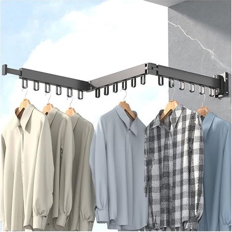 Porte-vêtements Étendoir à Linge Mural rétractable avec Crochets, Rotatif à 360 °, tri-Pliable pour Balcon, buanderie, Salle de Bain (Noir)