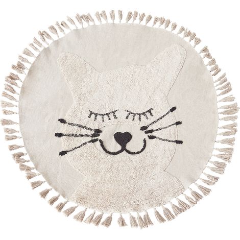 Alfombra de algodón redonda ø 120 cm infantil decorativa gato con borlas beige Etseri