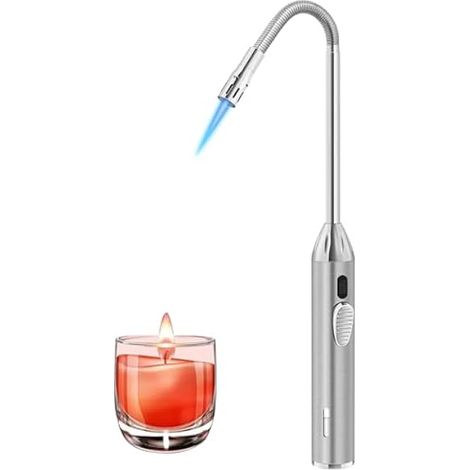 Briquet Allume Gaz Rechargeable, Briquet Tempête, 41 CM Coupe Vent Flexible, Cuisine pour Cheminée, Bougies, Four, Cuisine,Camping(Argent,sans Gaz) (1/5)