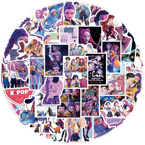 55 autocollants K-pop inspirés des films de chasseurs de démons, style anime, en vinyle imperméable, pour adolescents et adultes. Idéal pour ordinateur portable, skateboard, téléphone, guitare, valise (1/5)