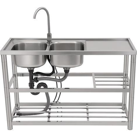 【Chauffage et ventilation】Ensemble d'évier de cuisine professionnel à double cuve pour restaurant, évier en acier inoxydable, avec robinet pivotant à 360 degrés et égouttoir, lavabo multifonction à tr (1/5)