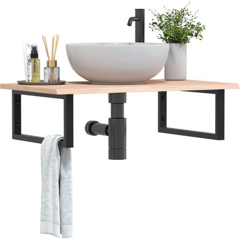 Waschtischplatte mit Halterung Stahl und Massivholz Eiche