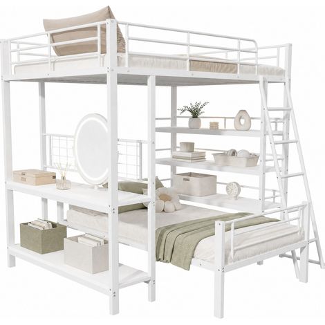Lit mezzanine métal 140 x 200 cm avec étagères intégrées, couchage séparé en deux lits, style moderne, blanc, gain de place - CHICFURN (1/5)