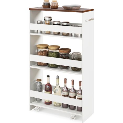 Carrello sottile da 20cm con ruote e ripiani aperti Carrello utilitario estraibile da cucina a 4 ripiani Bianco (1/4)