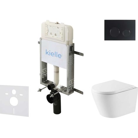 kielle Genesis New - Set bâti support, WC Nefia, Vortex Rimless+, siège softclose et bouton-poussoir Gemini New II, noir mat 30528SZ51