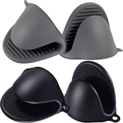 Juego de 2 pares de mini manoplas de silicona resistentes al calor para horno, con clip, para cocinar y hornear (negro y gris). (1/3)