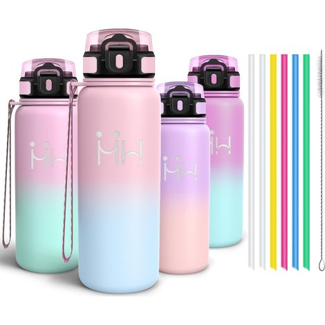 Gourde Inox 750ml, Bouteille Isotherme avec six Pailles et 1 Brosse à épong, Conservation du Chaud et du Froid, sans BPA, Réutilisable, Bouteille - Pink (1/5)