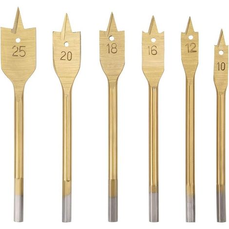 Flachbohrer für Holzbohrmaschinen, Flachbohrer 10, 12, 16, 18, 20, 25 mm, Sechskantschaft für Holzbearbeitung, Heimwerker-Schneidwerkzeug, HSS 6-in-1-Set (1/4)