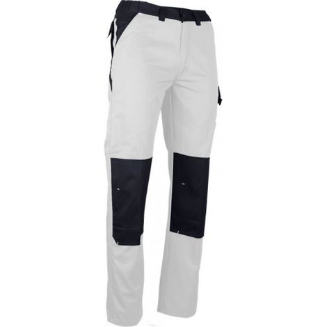 Pantalon bicolore multipoches blanc/gris – Taille 48 – Ceinture élastiquée – Poches genouillères double position – Zéro métal – Lebeurre (1/3)