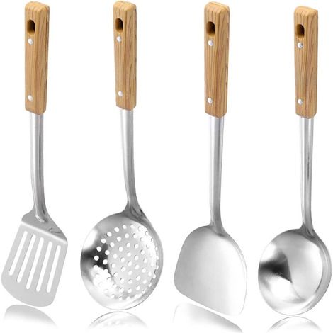 Set de 4 ustensiles pour wok en acier inoxydable : spatule pour wok, louche ajourée, écumoire et cuillère ajourée — Ustensiles de cuisine en métal (1/5)