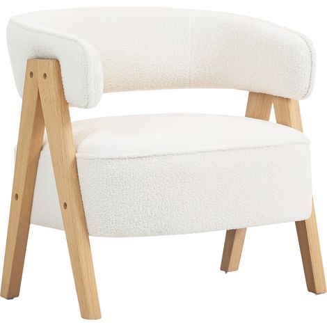 Fauteuil de salon en tissu bouclette blanc, grande assise, dossier ergonomique, 70 x 64 x 71 cm