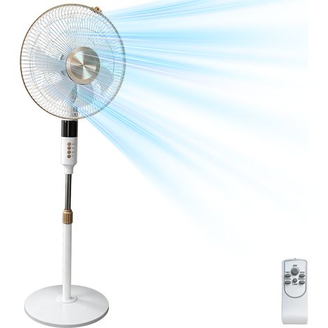 Ventilateur sur pied 60w, 7 pales de 40 cm de diamètre avec télécommande, pour chambre, salon, bureau, 3 vitesses, minuterie, hauteur réglable, tête inclinable, timer 9h, blanc (1/5)