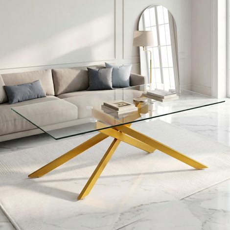 Table basse en verre trempé 120 x 60 x 46 cm, table salon moderne avec structure métal doré, design luxe pour canapé (1/5)