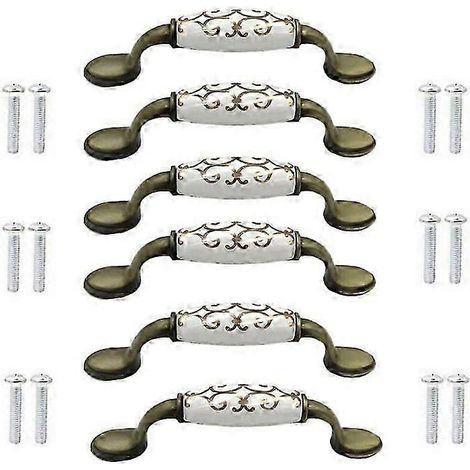 (6 pièces) Poignées de porte en alliage de bronze et céramique, compatibles avec les armoires et les penderies, poignées en bronze de style chinois (1/5)