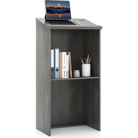 COSTWAY Podium Debout en Bois, Pupitre 117 cm, Surface Inclinée avec Rebord, Lutrin avec Étagère de Rangement et Trous pour Câbles, pour Église, Bureau, École, Séminaire (Gris) (1/5)