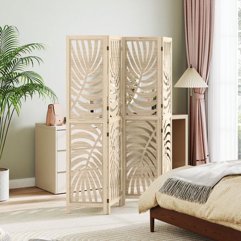 Vierteiliger Raumteiler aus Holz, 160 x 170 cm, faltbar und tragbar, Blattmuster, abnehmbares Design, Naturholz