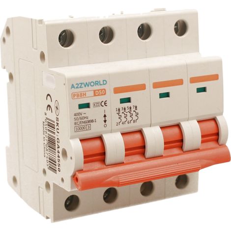 MCB Interruttore Magnetotermico Automatico Curva D 4P 4M 10000A AC 400V IP20 PB8H, Corrente Disponibili 16A 20A 25A 32A 40A 50A 63A  (D50A)