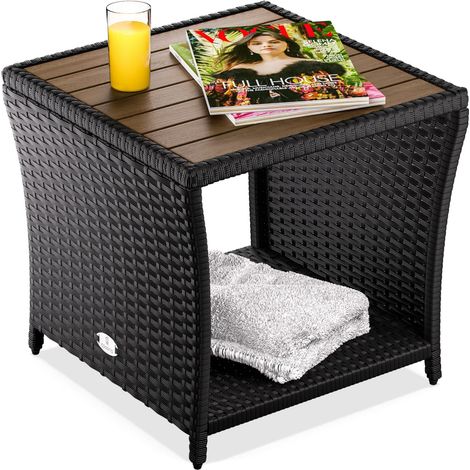CASARIA® Beistelltisch Wetterfest Klein Holz Polyrattan Akazie 45x45x40cm 80kg Belastbarkeit Outdoor Tisch Gartentisch Balkontisch Gartenmöbel  Schwarz