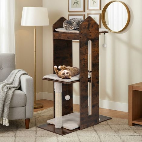 Arbre à Chat 120CM pour Chatons avec Griffoirs en Sisal Balles Suspendues Coussins en Peluche Amovibles et Lavables Perchoir Marron Rustique (1/2)