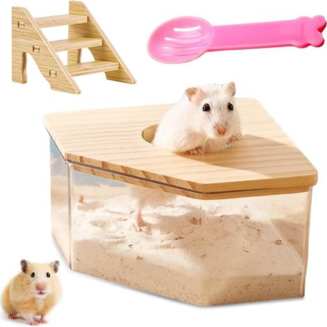 salle de bain pour hamster en acrylique transparent avec couvercle bois, échelle et pelle (1/5)
