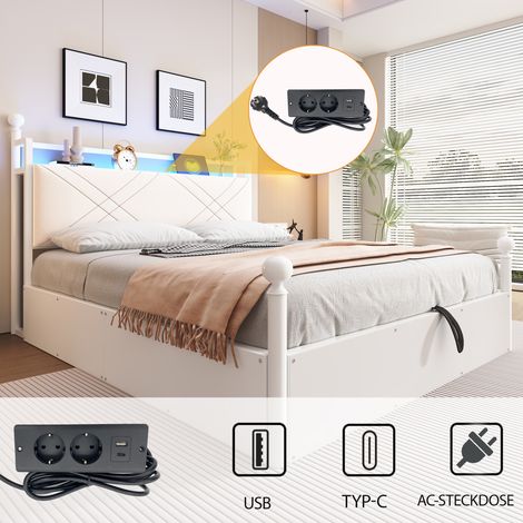 Bett Doppelbett Stauraum 140x190 Metall LED USB Weiß OKMYHOME (1/5)
