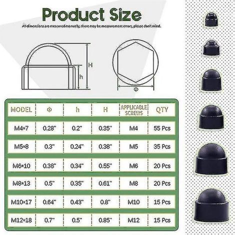 Nylon Hex Nut Covers, 160 Pieces, Plastic Protective Caps, Kit for M4/M5/M6/M8/M10/M12 (1/3)